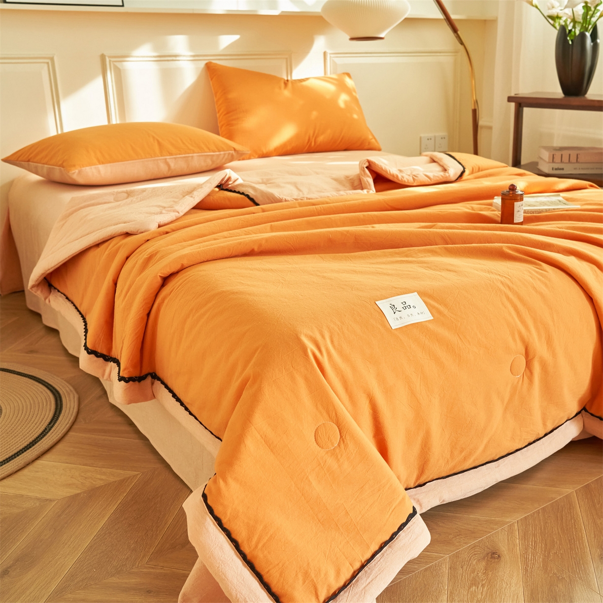 91家纺网 家纺一手货源 找家纺 恒爱家纺 2026新款全棉纯棉纯色双拼夏被四件套夏凉被空调被 佛手黄
