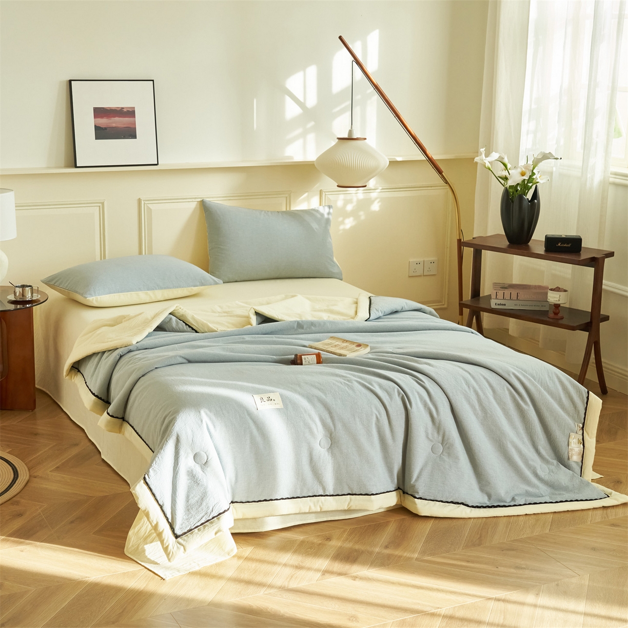 91家纺网 家纺一手货源 找家纺 恒爱家纺 2026新款全棉纯棉纯色双拼夏被四件套夏凉被空调被 绅士灰