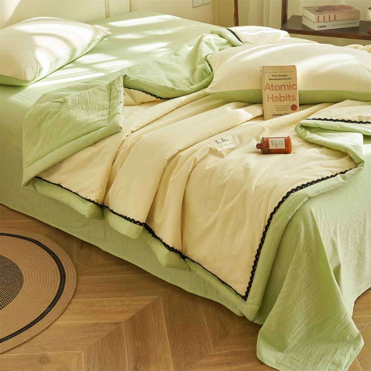 91家纺网 家纺一手货源 找家纺 恒爱家纺 2026新款全棉纯棉纯色双拼夏被四件套夏凉被空调被 象牙白