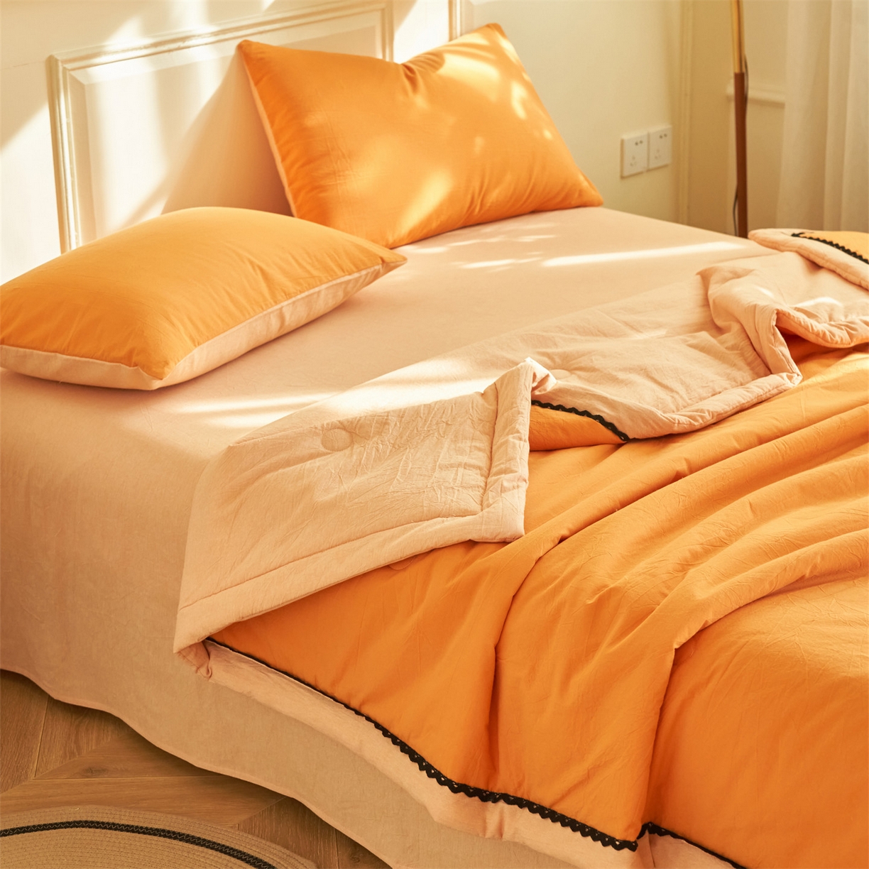 91家纺网 家纺一手货源 找家纺 恒爱家纺 2026新款全棉纯棉纯色双拼夏被四件套夏凉被空调被 佛手黄