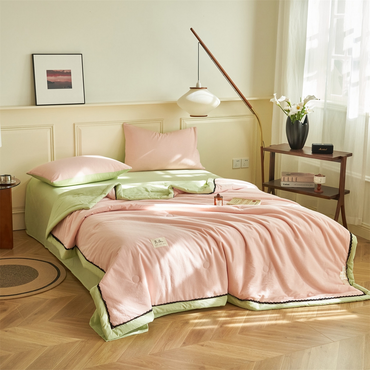 91家纺网 家纺一手货源 找家纺 恒爱家纺 2026新款全棉纯棉纯色双拼夏被四件套夏凉被空调被 香妃粉