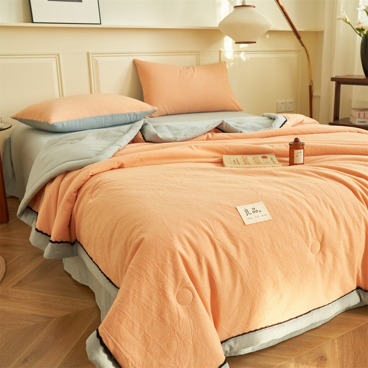 91家纺网 家纺一手货源 找家纺 恒爱家纺 2026新款全棉纯棉纯色双拼夏被四件套夏凉被空调被 美人玉