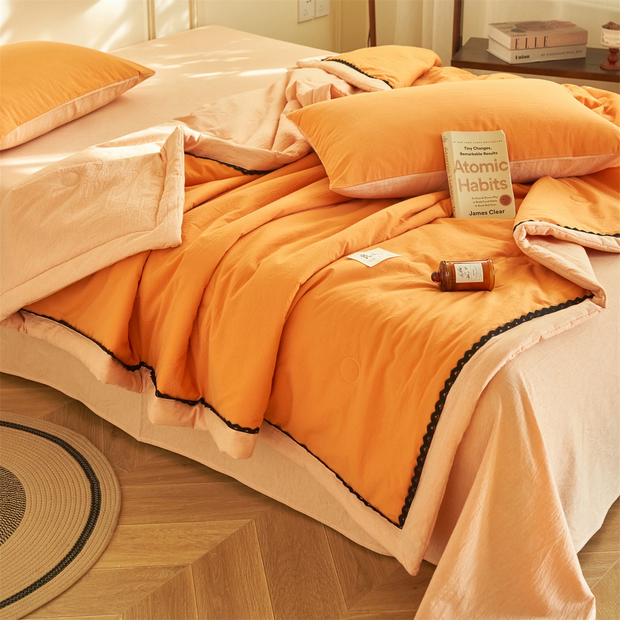 91家纺网 家纺一手货源 找家纺 恒爱家纺 2026新款全棉纯棉纯色双拼夏被四件套夏凉被空调被 佛手黄