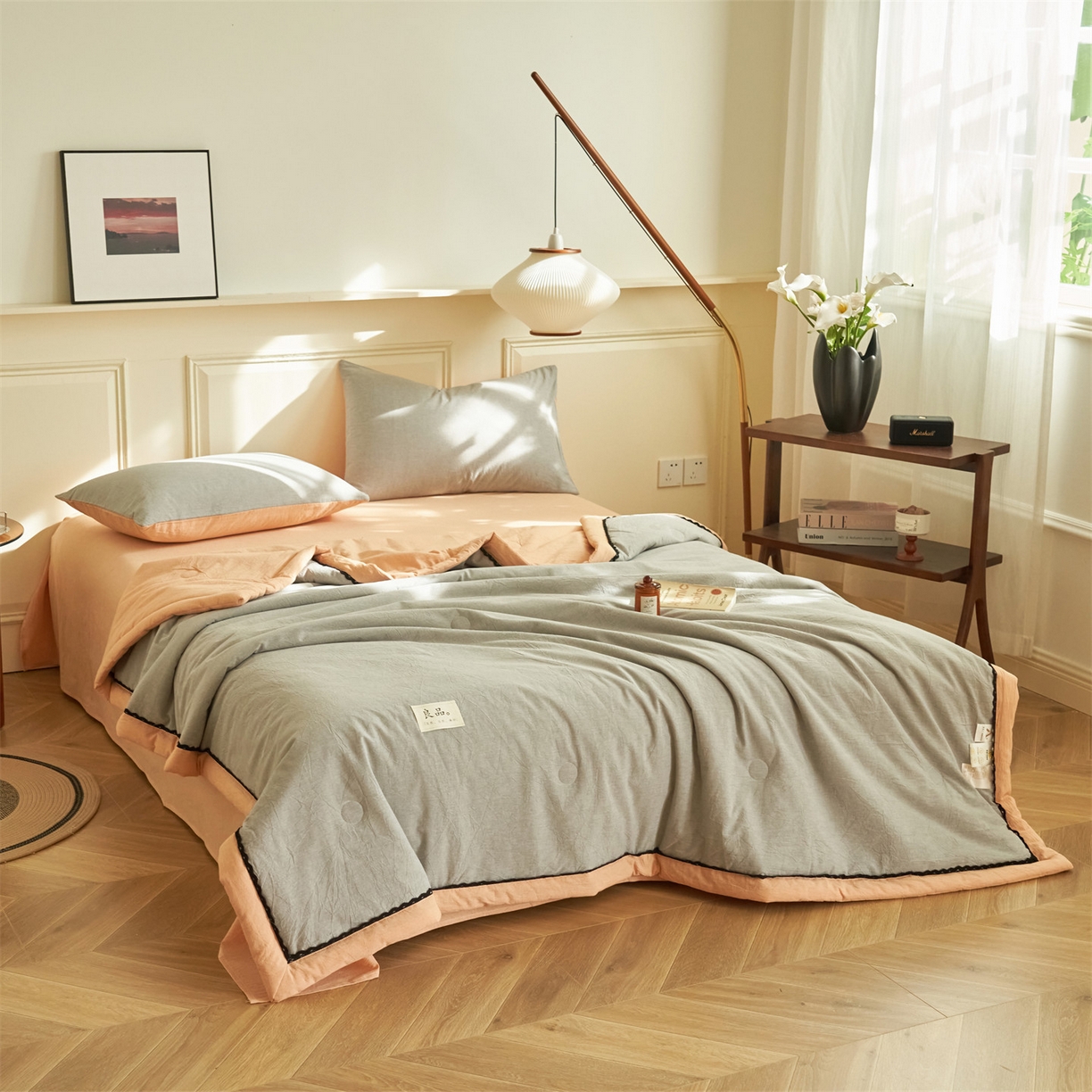 91家纺网 家纺一手货源 找家纺 恒爱家纺 2026新款全棉纯棉纯色双拼夏被四件套夏凉被空调被 深情灰