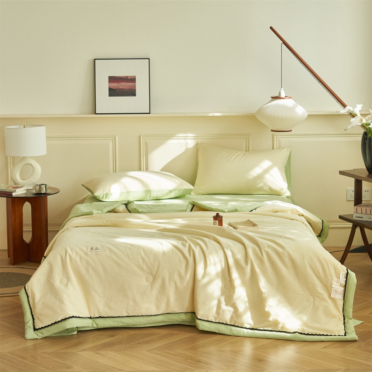 91家纺网 家纺一手货源 找家纺 恒爱家纺 2026新款全棉纯棉纯色双拼夏被四件套夏凉被空调被 象牙白