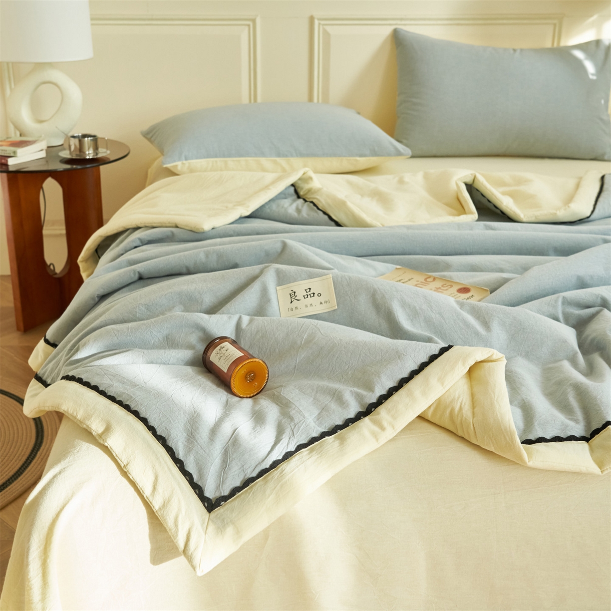 91家纺网 家纺一手货源 找家纺 恒爱家纺 2026新款全棉纯棉纯色双拼夏被四件套夏凉被空调被 绅士灰
