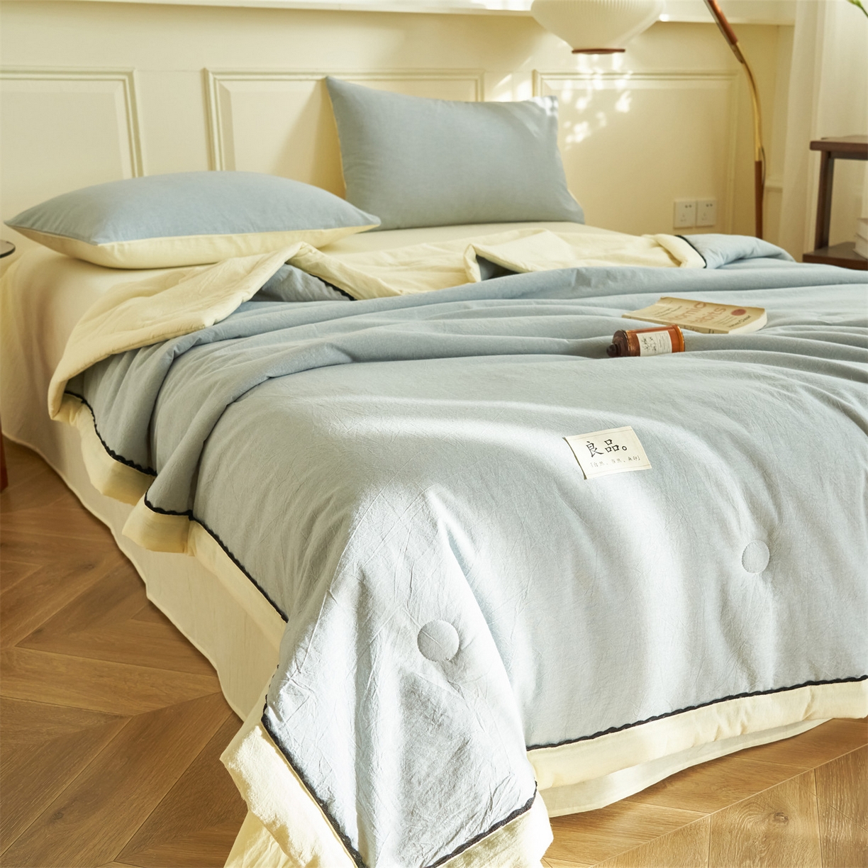 91家纺网 家纺一手货源 找家纺 恒爱家纺 2026新款全棉纯棉纯色双拼夏被四件套夏凉被空调被 绅士灰