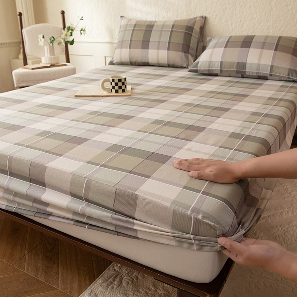 91家纺网 家纺一手货源 找家纺 八十八家纺 2026新款无印风全棉纯棉斜纹条格单床笠床笠单件单品床笠 山茶