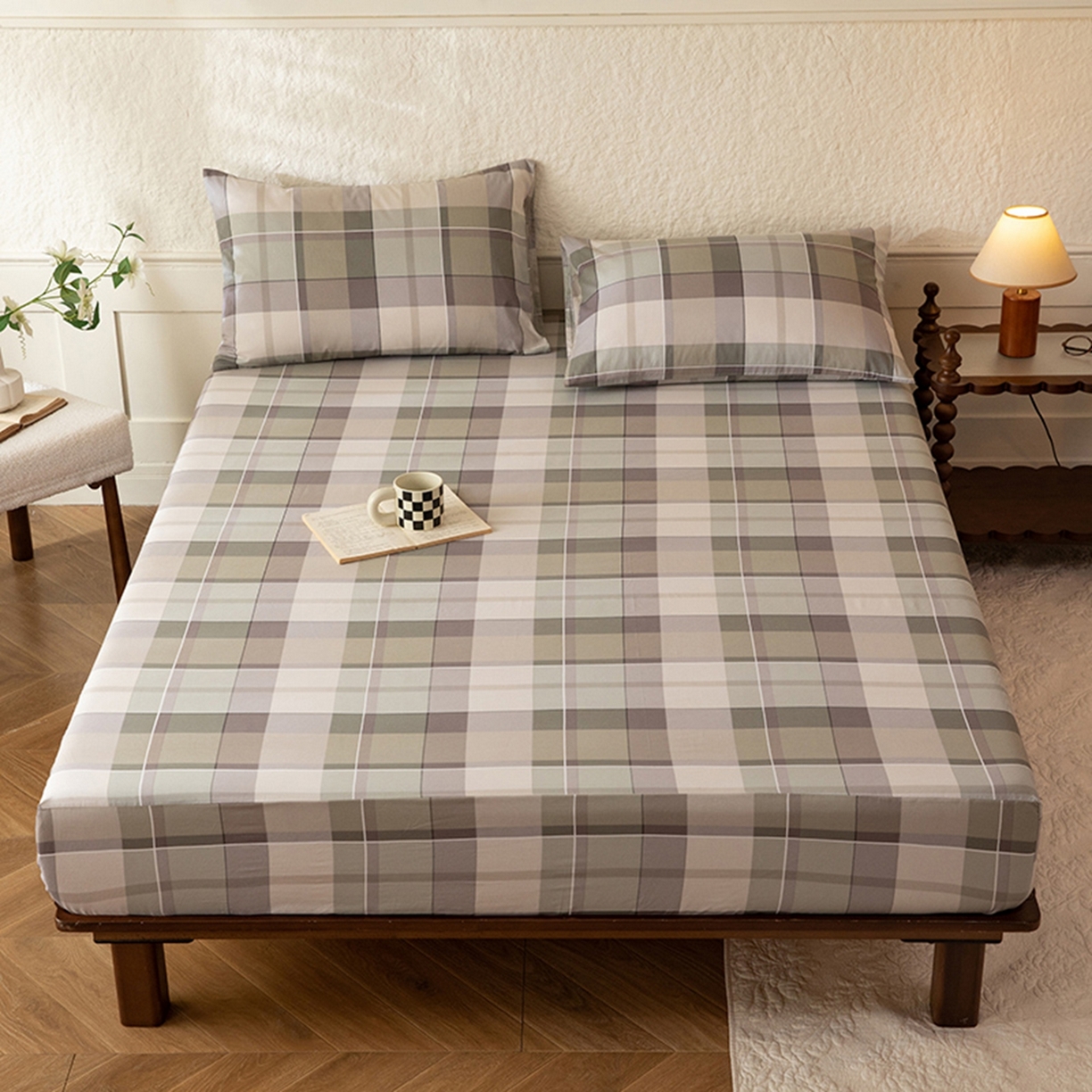 91家纺网 家纺一手货源 找家纺 八十八家纺 2026新款无印风全棉纯棉斜纹条格单床笠床笠单件单品床笠 山茶