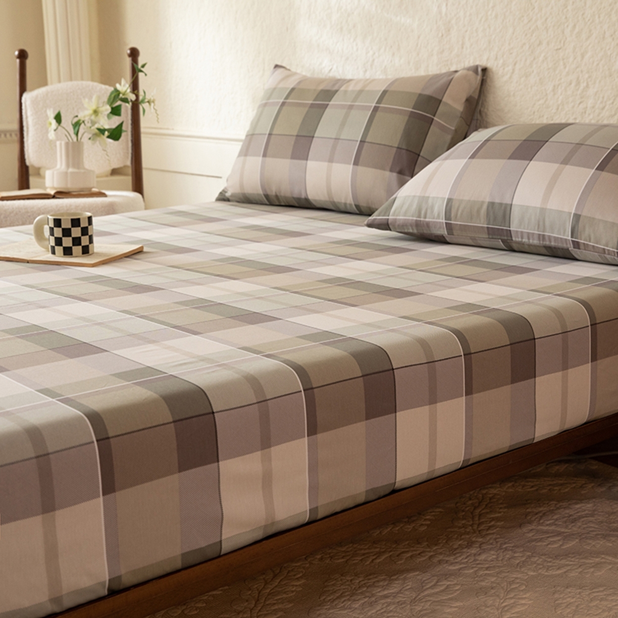 91家纺网 家纺一手货源 找家纺 八十八家纺 2026新款无印风全棉纯棉斜纹条格单床笠床笠单件单品床笠 山茶