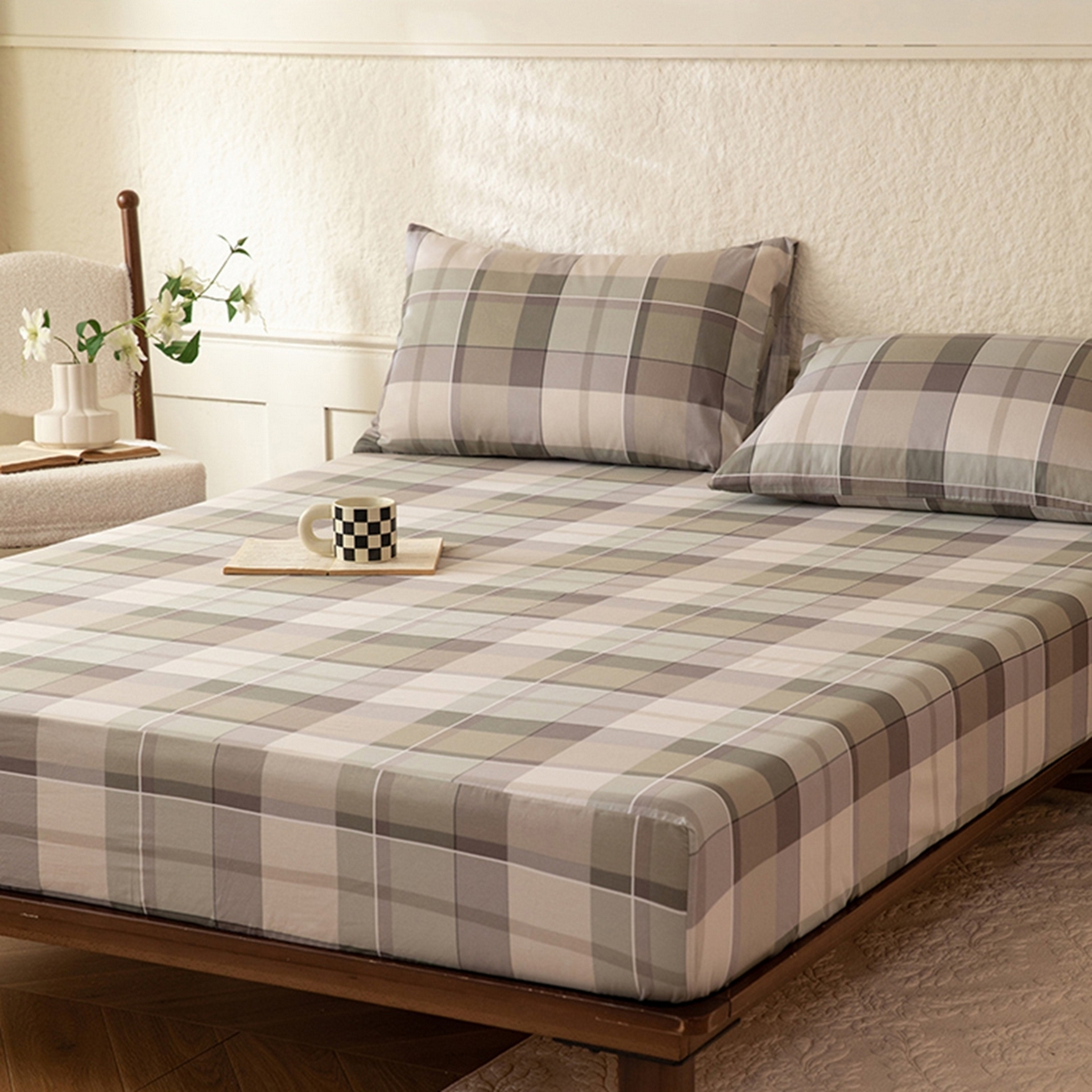 91家纺网 家纺一手货源 找家纺 八十八家纺 2026新款无印风全棉纯棉斜纹条格单床笠床笠单件单品床笠 山茶