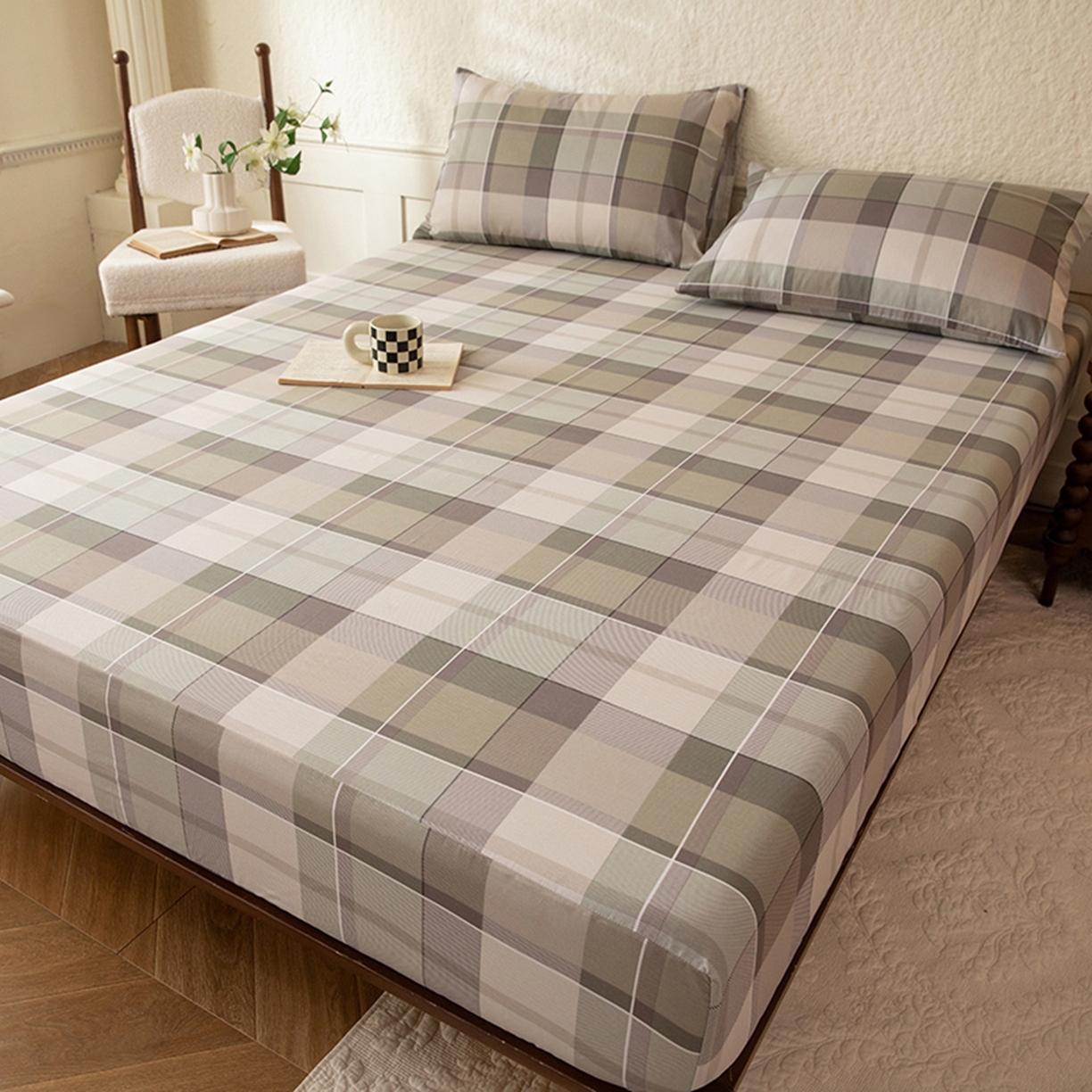 91家纺网 家纺一手货源 找家纺 八十八家纺 2026新款无印风全棉纯棉斜纹条格单床笠床笠单件单品床笠 山茶