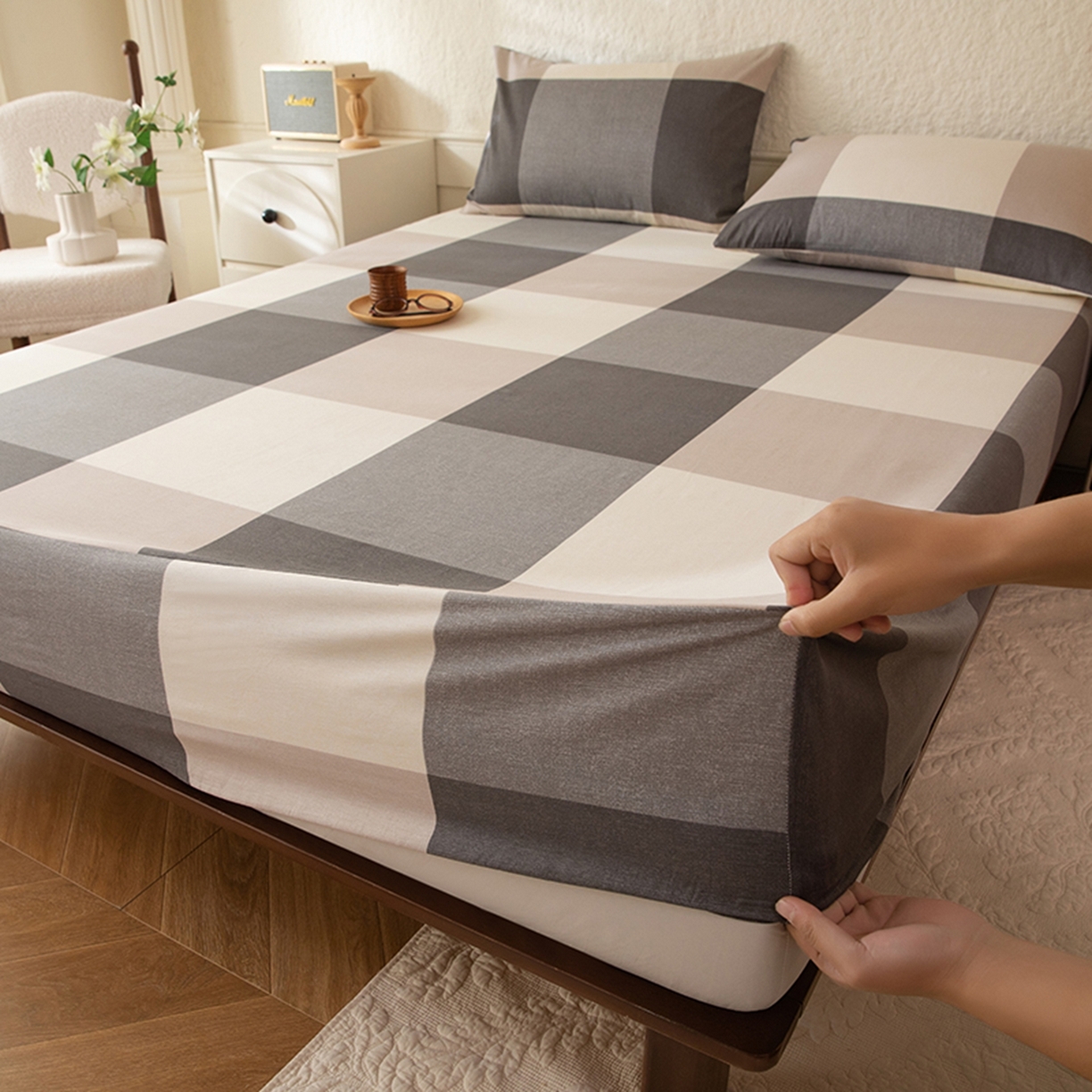 91家纺网 家纺一手货源 找家纺 八十八家纺 2026新款无印风全棉纯棉斜纹条格单床笠床笠单件单品床笠 山海