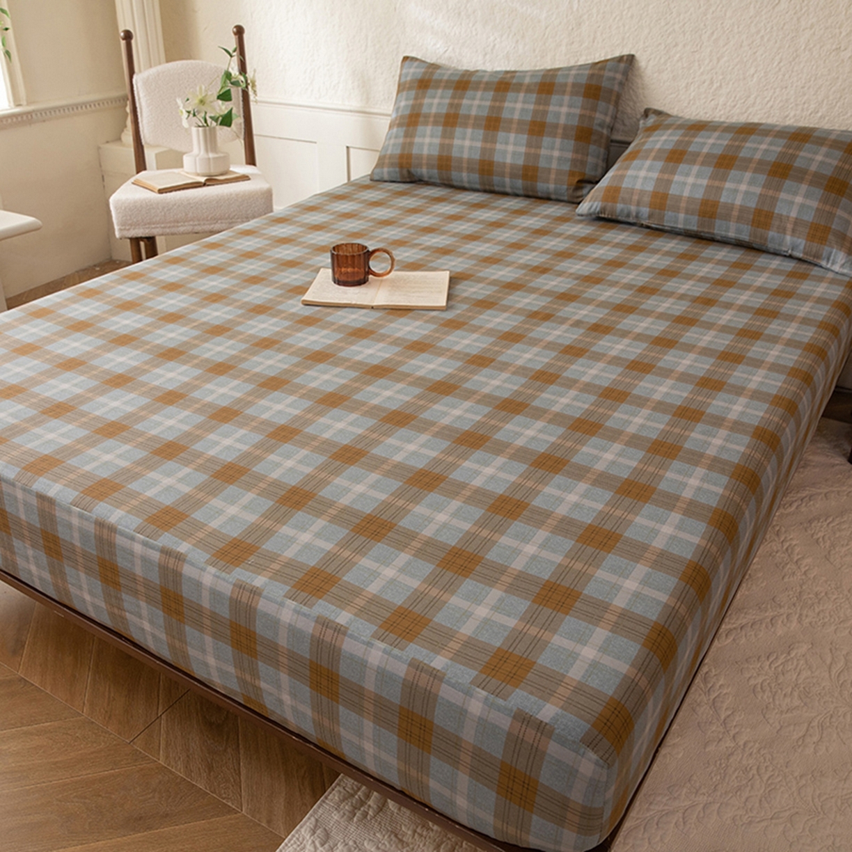 91家纺网 家纺一手货源 找家纺 八十八家纺 2026新款无印风全棉纯棉斜纹条格单床笠床笠单件单品床笠 山墨