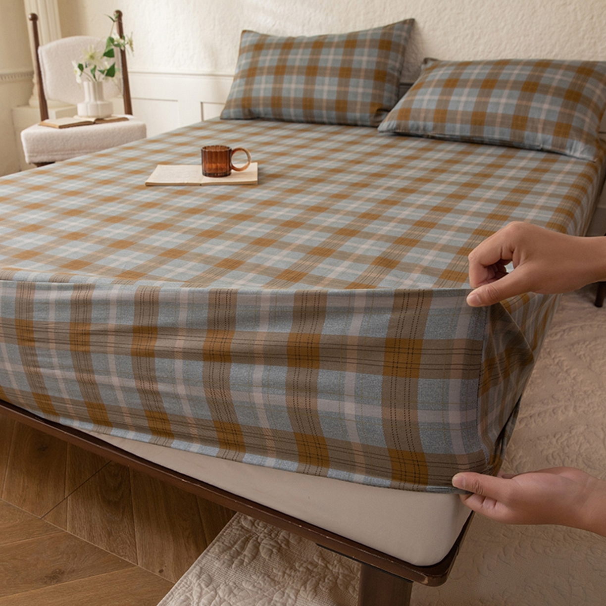 91家纺网 家纺一手货源 找家纺 八十八家纺 2026新款无印风全棉纯棉斜纹条格单床笠床笠单件单品床笠 山墨