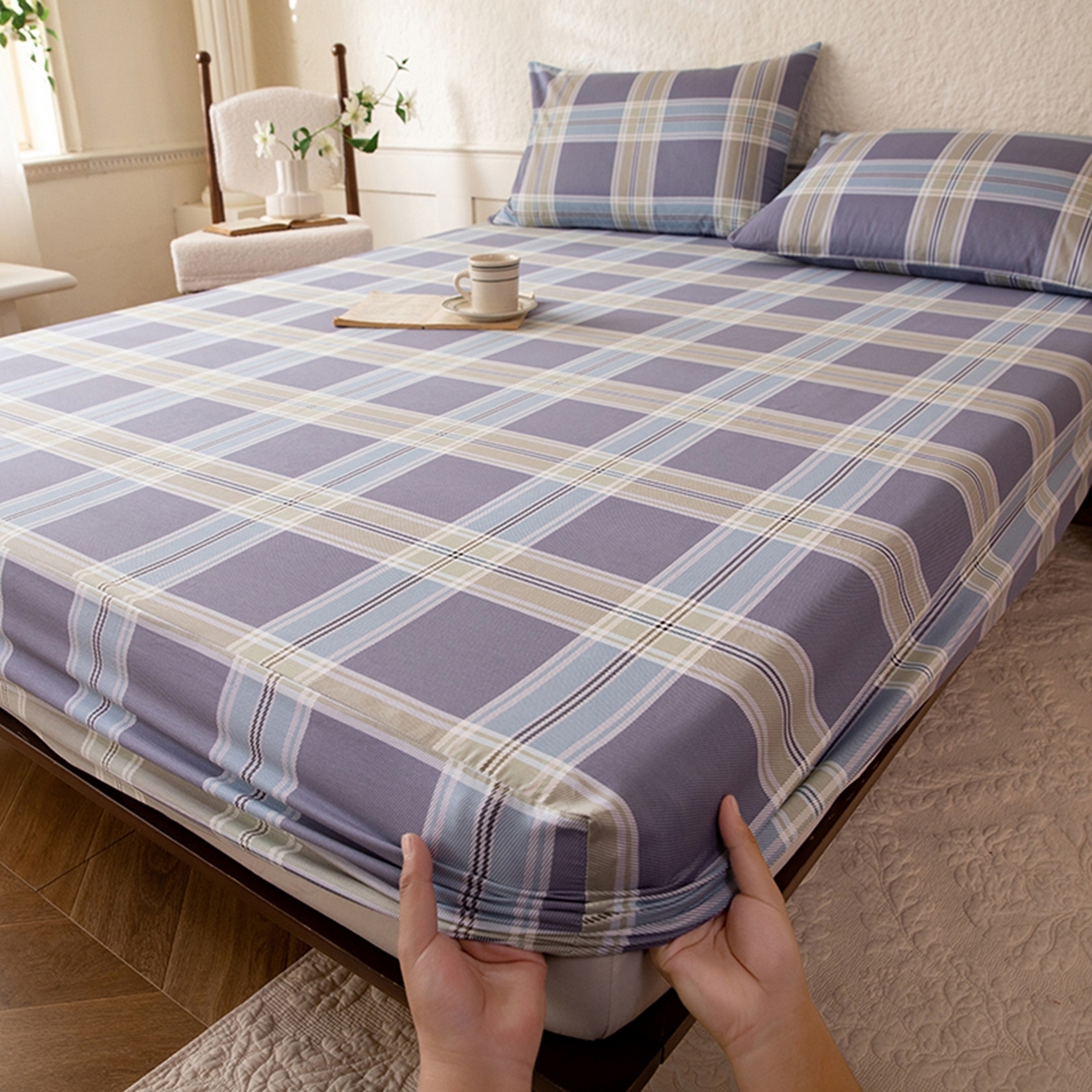 八十八家纺 2026新款无印风全棉纯棉斜纹条格单床笠床笠单件单品床笠 山月