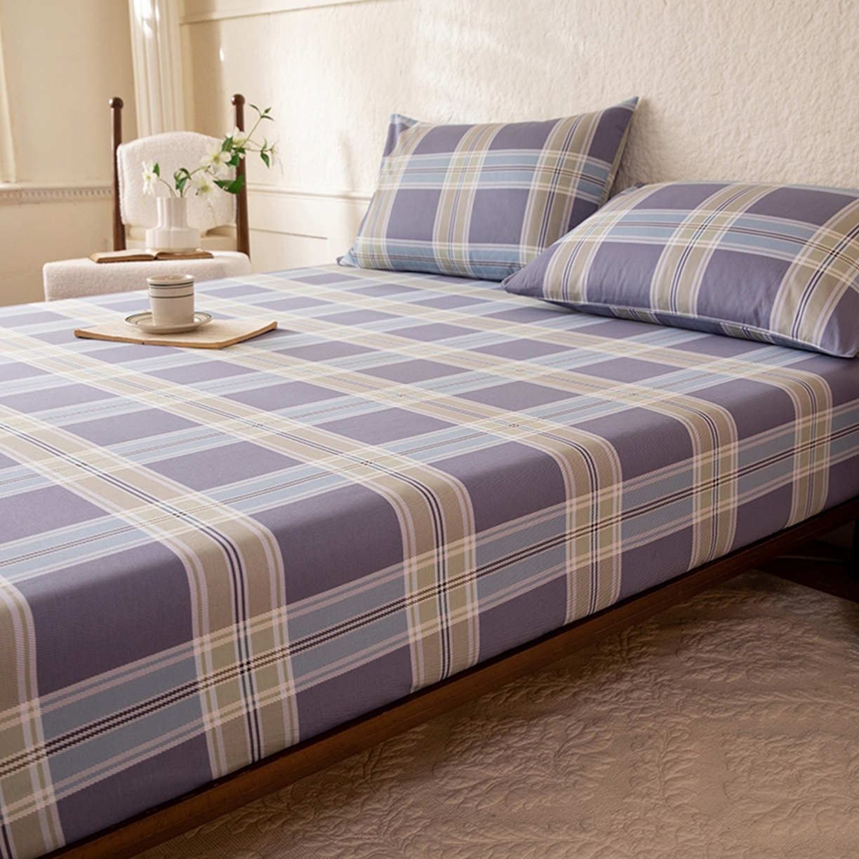 91家纺网 家纺一手货源 找家纺 八十八家纺 2026新款无印风全棉纯棉斜纹条格单床笠床笠单件单品床笠 山月