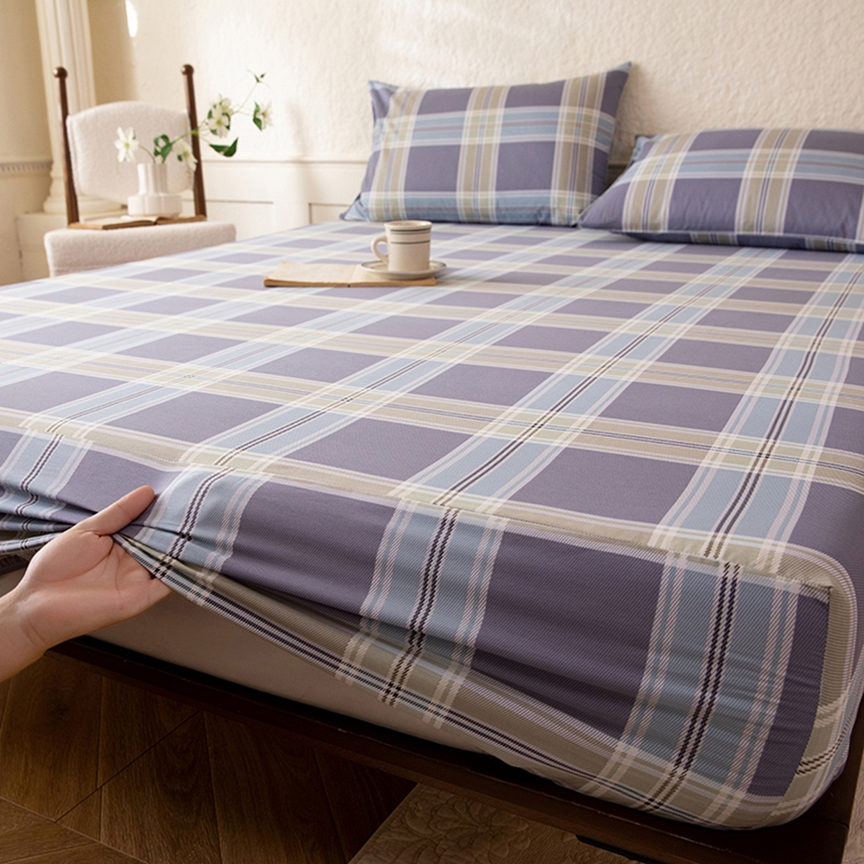 91家纺网 家纺一手货源 找家纺 八十八家纺 2026新款无印风全棉纯棉斜纹条格单床笠床笠单件单品床笠 山月