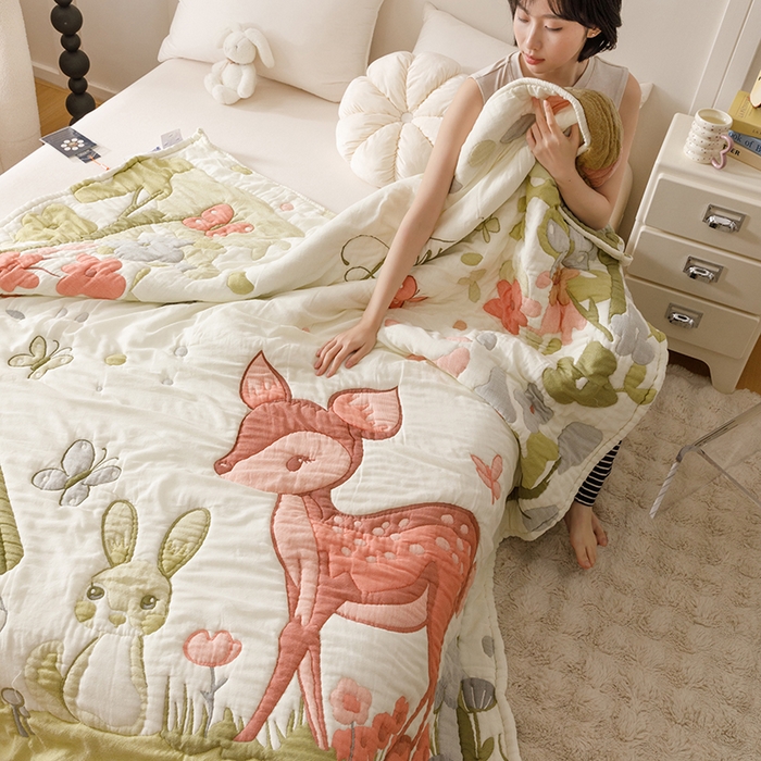 91家纺网 家纺一手货源 找家纺 朴尔家纺-毛巾被 2026年纯棉云朵棉十层加厚清柔纱布泡芙被 蝴蝶梅花鹿