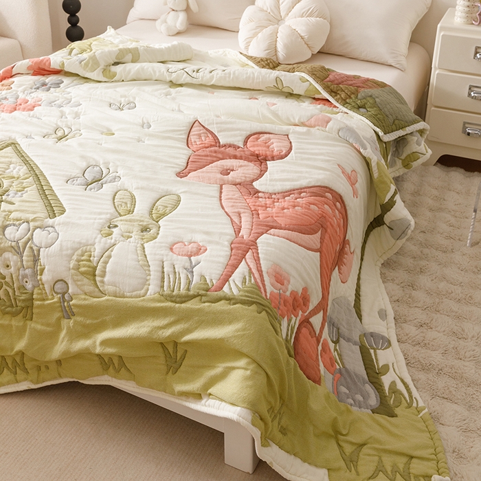 91家纺网 家纺一手货源 找家纺 朴尔家纺-毛巾被 2026年纯棉云朵棉十层加厚清柔纱布泡芙被 蝴蝶梅花鹿