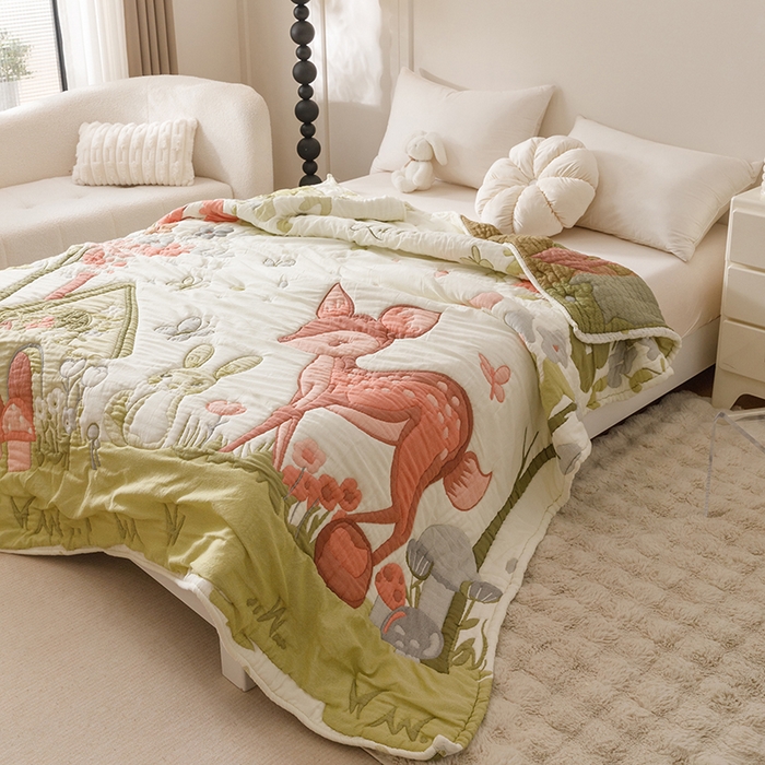 91家纺网 家纺一手货源 找家纺 朴尔家纺-毛巾被 2026年纯棉云朵棉十层加厚清柔纱布泡芙被 蝴蝶梅花鹿