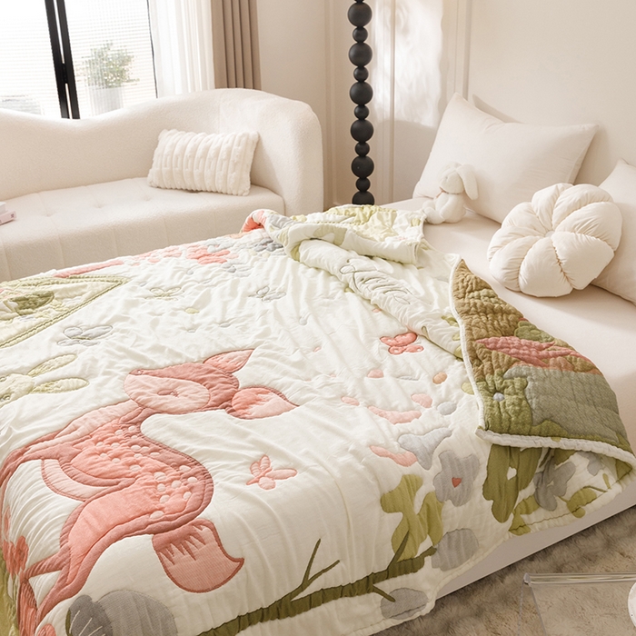 91家纺网 家纺一手货源 找家纺 朴尔家纺-毛巾被 2026年纯棉云朵棉十层加厚清柔纱布泡芙被 蝴蝶梅花鹿