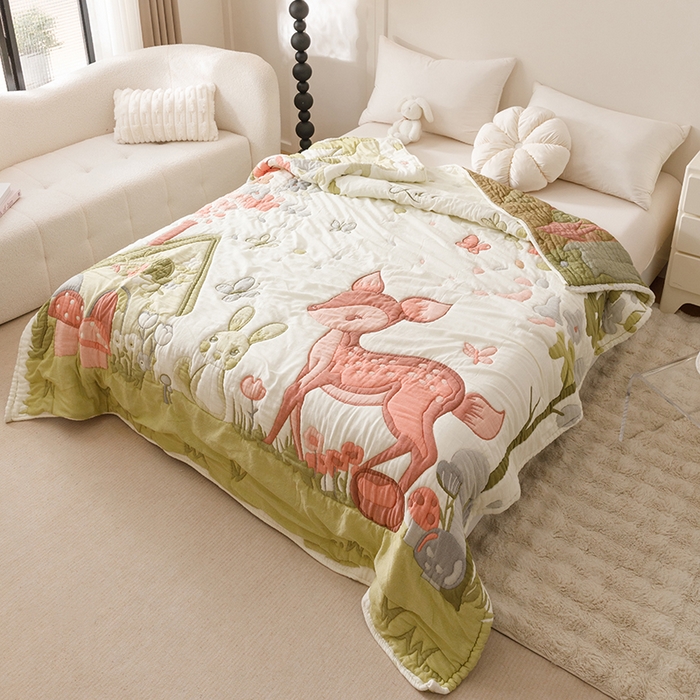 91家纺网 家纺一手货源 找家纺 朴尔家纺-毛巾被 2026年纯棉云朵棉十层加厚清柔纱布泡芙被 蝴蝶梅花鹿