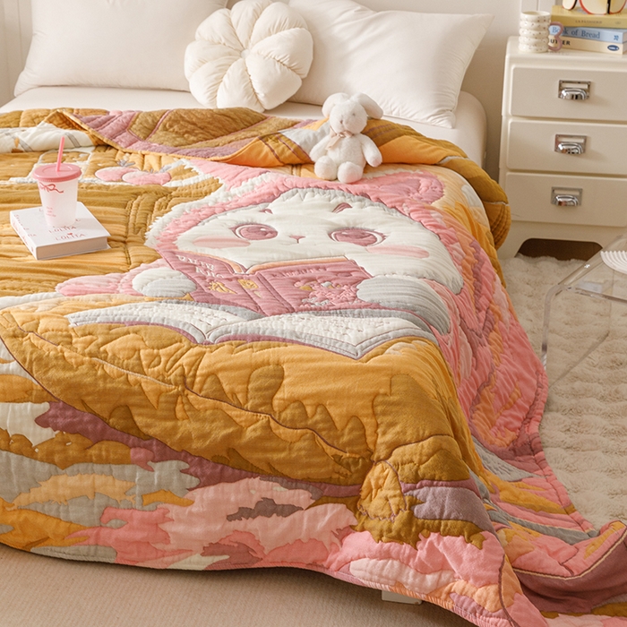 91家纺网 家纺一手货源 找家纺 朴尔家纺-毛巾被 2026年纯棉云朵棉十层加厚清柔纱布泡芙被 如意兔