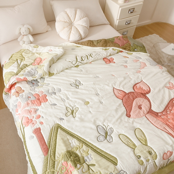 91家纺网 家纺一手货源 找家纺 朴尔家纺-毛巾被 2026年纯棉云朵棉十层加厚清柔纱布泡芙被 蝴蝶梅花鹿