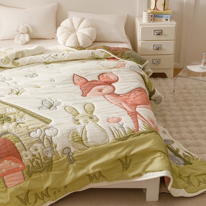 91家纺网 家纺一手货源 找家纺 朴尔家纺-毛巾被 2026年纯棉云朵棉十层加厚清柔纱布泡芙被 蝴蝶梅花鹿