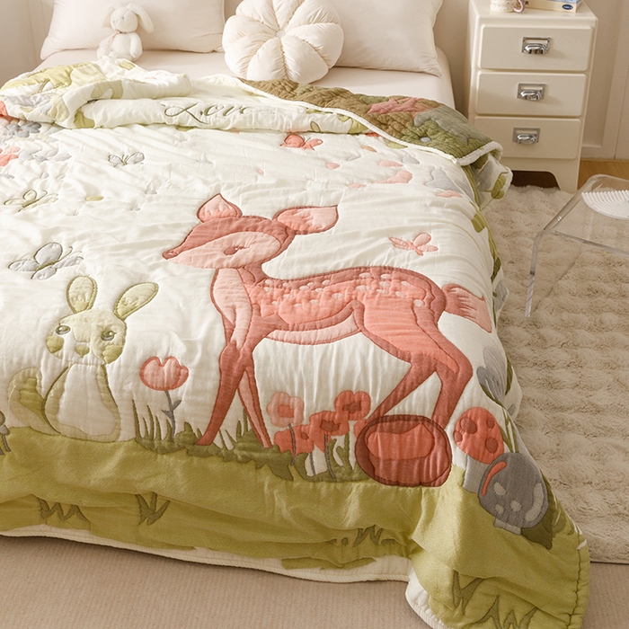 91家纺网 家纺一手货源 找家纺 朴尔家纺-毛巾被 2026年纯棉云朵棉十层加厚清柔纱布泡芙被 蝴蝶梅花鹿