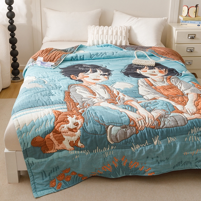 91家纺网 家纺一手货源 找家纺 朴尔家纺-毛巾被 2026年纯棉云朵棉十层加厚清柔纱布泡芙被 青梅和竹马