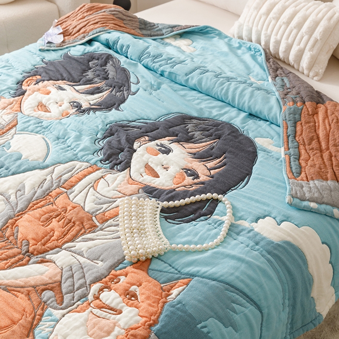 91家纺网 家纺一手货源 找家纺 朴尔家纺-毛巾被 2026年纯棉云朵棉十层加厚清柔纱布泡芙被 青梅和竹马