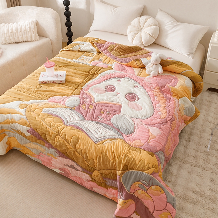 91家纺网 家纺一手货源 找家纺 朴尔家纺-毛巾被 2026年纯棉云朵棉十层加厚清柔纱布泡芙被 如意兔