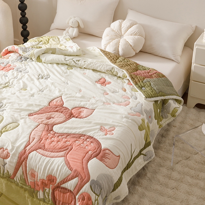 91家纺网 家纺一手货源 找家纺 朴尔家纺-毛巾被 2026年纯棉云朵棉十层加厚清柔纱布泡芙被 蝴蝶梅花鹿