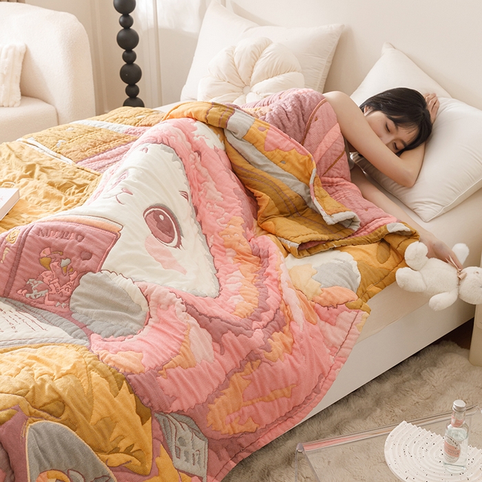 91家纺网 家纺一手货源 找家纺 朴尔家纺-毛巾被 2026年纯棉云朵棉十层加厚清柔纱布泡芙被 如意兔