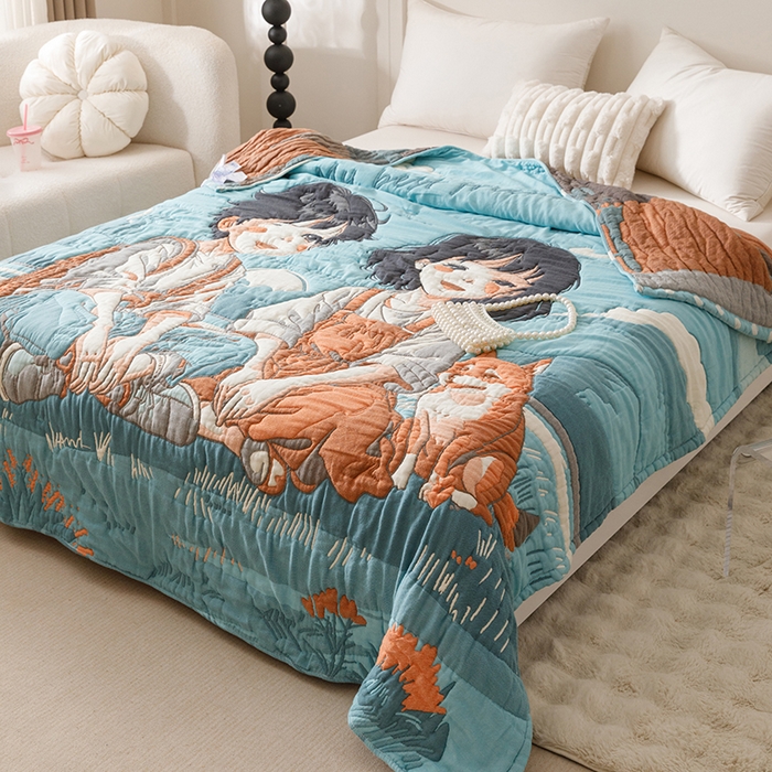 91家纺网 家纺一手货源 找家纺 朴尔家纺-毛巾被 2026年纯棉云朵棉十层加厚清柔纱布泡芙被 青梅和竹马