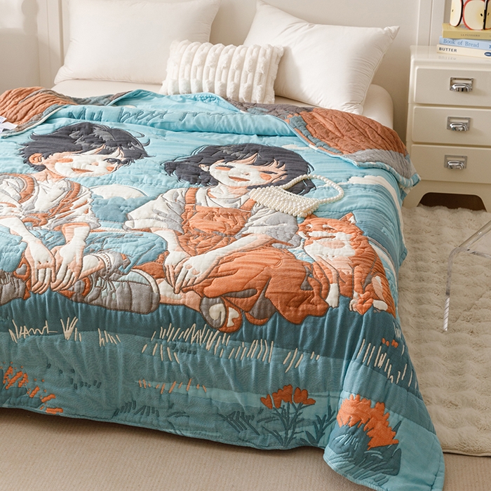 91家纺网 家纺一手货源 找家纺 朴尔家纺-毛巾被 2026年纯棉云朵棉十层加厚清柔纱布泡芙被 青梅和竹马