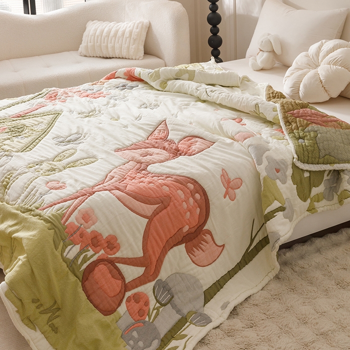 91家纺网 家纺一手货源 找家纺 朴尔家纺-毛巾被 2026年纯棉云朵棉十层加厚清柔纱布泡芙被 蝴蝶梅花鹿