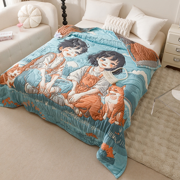 91家纺网 家纺一手货源 找家纺 朴尔家纺-毛巾被 2026年纯棉云朵棉十层加厚清柔纱布泡芙被 青梅和竹马