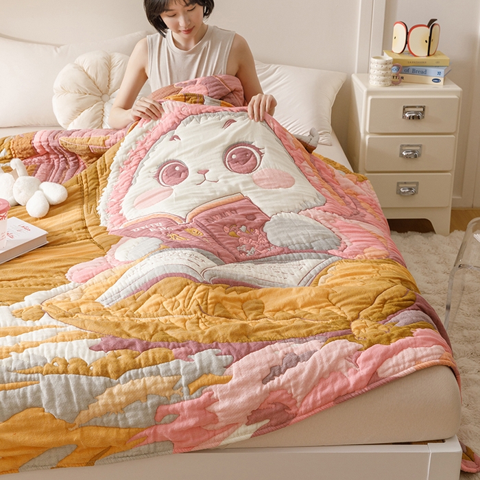 91家纺网 家纺一手货源 找家纺 朴尔家纺-毛巾被 2026年纯棉云朵棉十层加厚清柔纱布泡芙被 如意兔