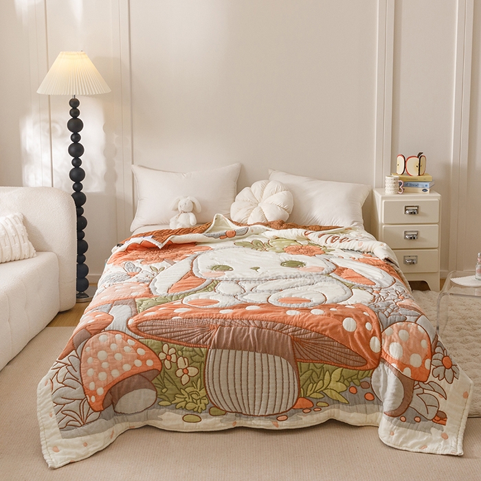 91家纺网 家纺一手货源 找家纺 朴尔家纺-毛巾被 2026年纯棉云朵棉十层加厚清柔纱布泡芙被 森林兔