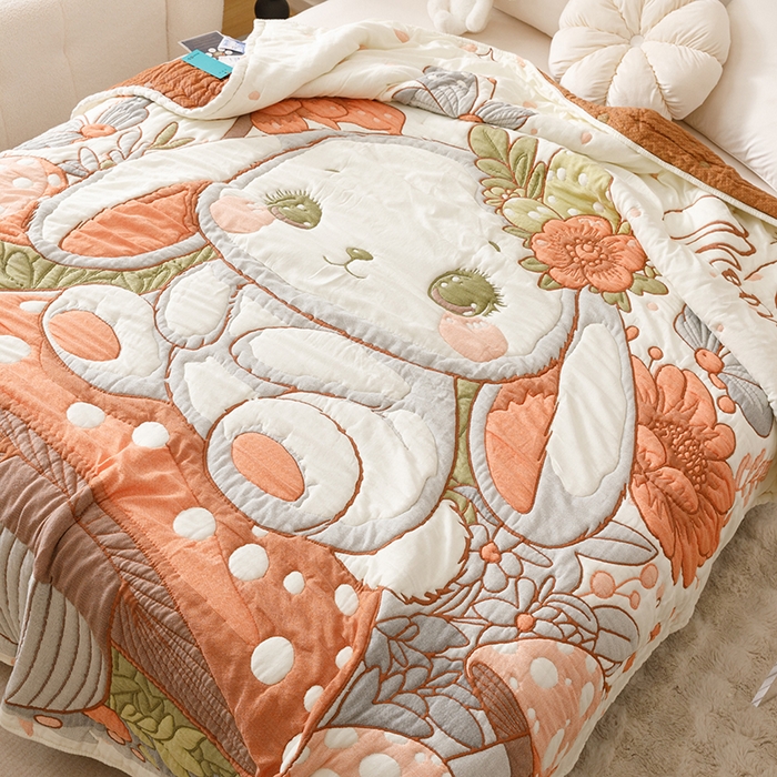 91家纺网 家纺一手货源 找家纺 朴尔家纺-毛巾被 2026年纯棉云朵棉十层加厚清柔纱布泡芙被 森林兔