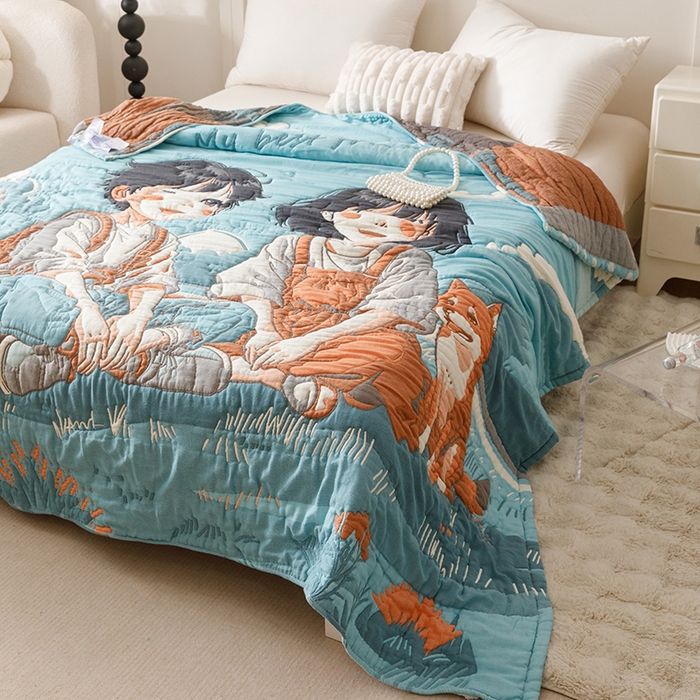 91家纺网 家纺一手货源 找家纺 朴尔家纺-毛巾被 2026年纯棉云朵棉十层加厚清柔纱布泡芙被 青梅和竹马