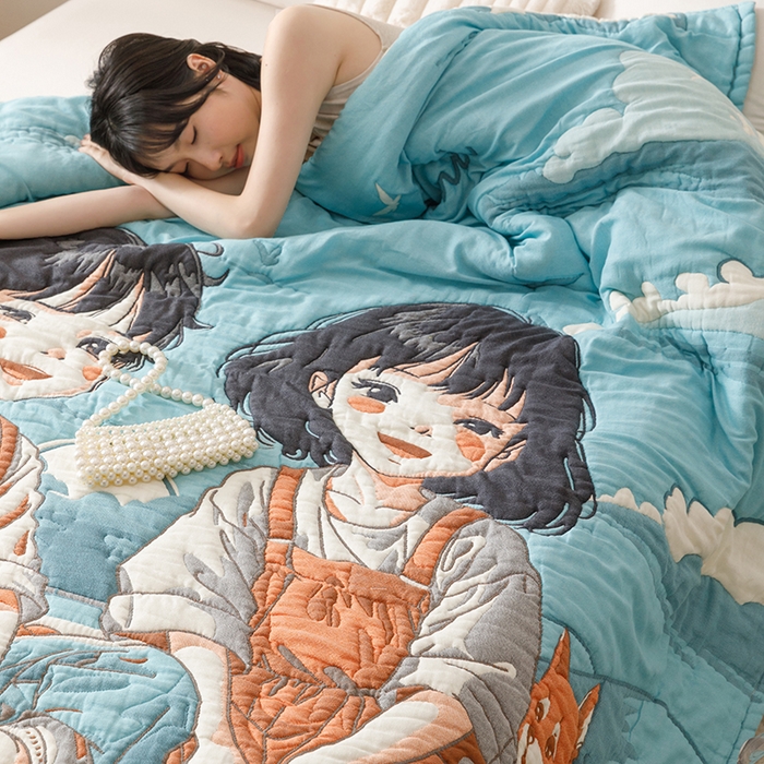 91家纺网 家纺一手货源 找家纺 朴尔家纺-毛巾被 2026年纯棉云朵棉十层加厚清柔纱布泡芙被 青梅和竹马