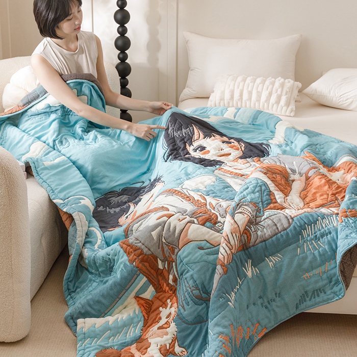 91家纺网 家纺一手货源 找家纺 朴尔家纺-毛巾被 2026年纯棉云朵棉十层加厚清柔纱布泡芙被 青梅和竹马