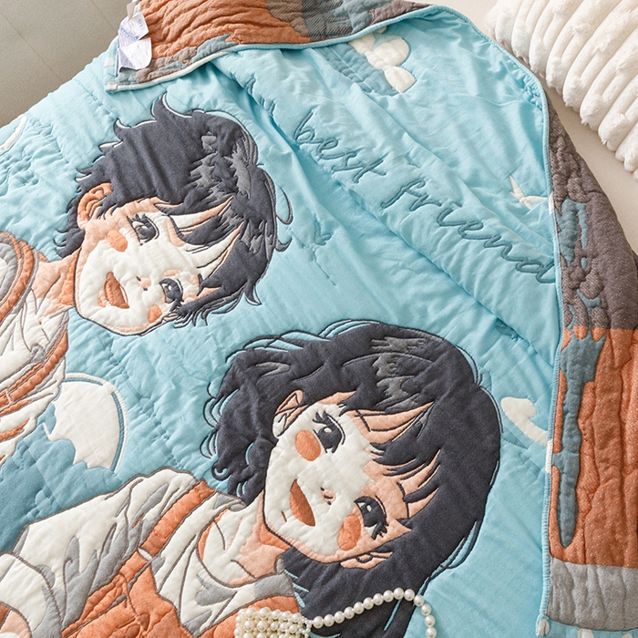 91家纺网 家纺一手货源 找家纺 朴尔家纺-毛巾被 2026年纯棉云朵棉十层加厚清柔纱布泡芙被 青梅和竹马