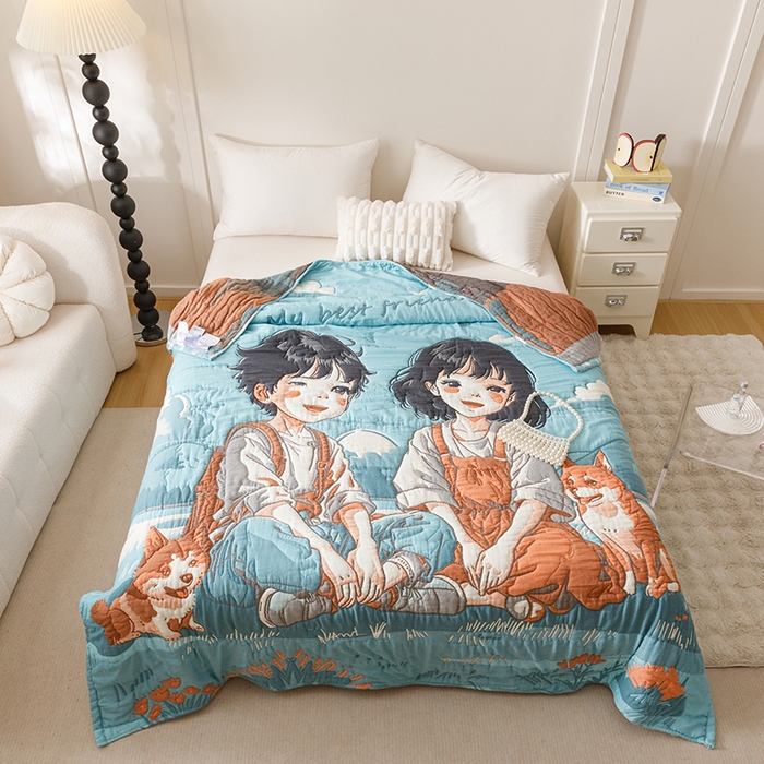 91家纺网 家纺一手货源 找家纺 朴尔家纺-毛巾被 2026年纯棉云朵棉十层加厚清柔纱布泡芙被 青梅和竹马