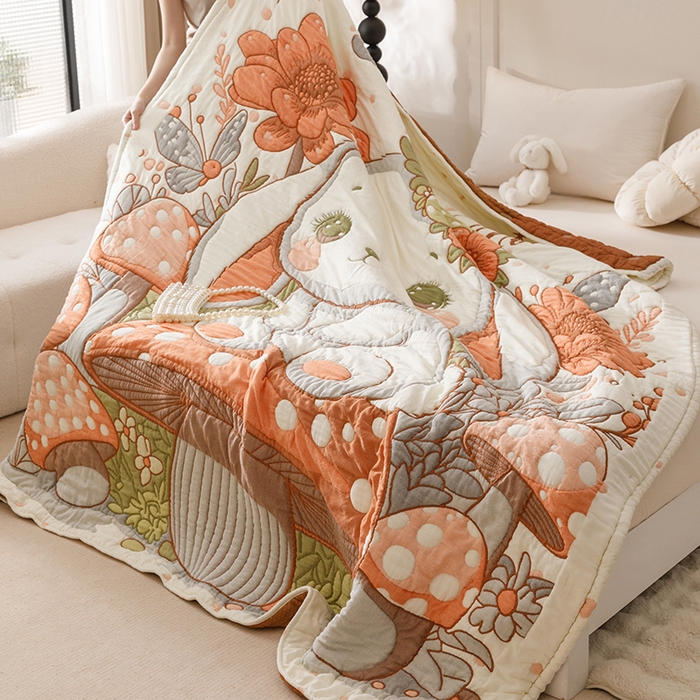 91家纺网 家纺一手货源 找家纺 朴尔家纺-毛巾被 2026年纯棉云朵棉十层加厚清柔纱布泡芙被 森林兔