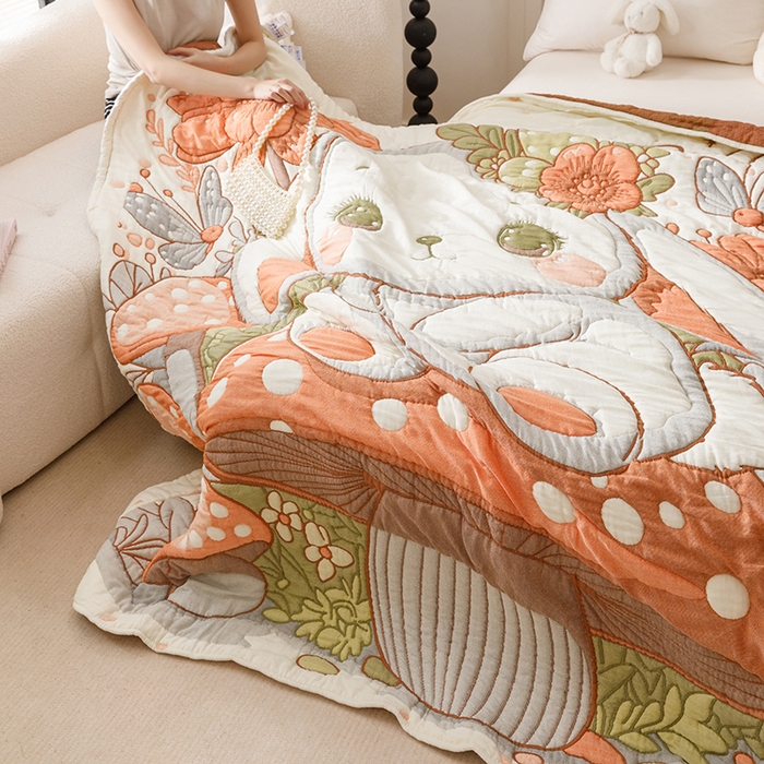 91家纺网 家纺一手货源 找家纺 朴尔家纺-毛巾被 2026年纯棉云朵棉十层加厚清柔纱布泡芙被 森林兔